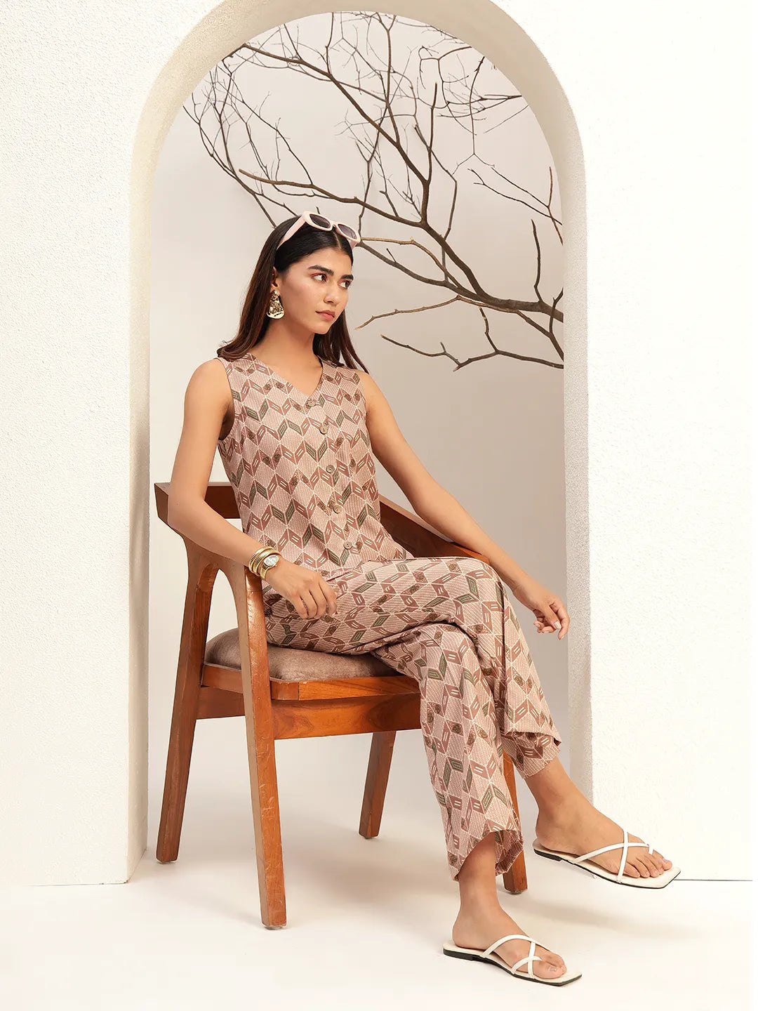 Printed with V-Neck Causal Tunic & Trouser With Waistcoat Co-Ords